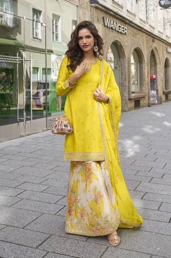 LIME YELLOW CHINON SHARAR SUIT