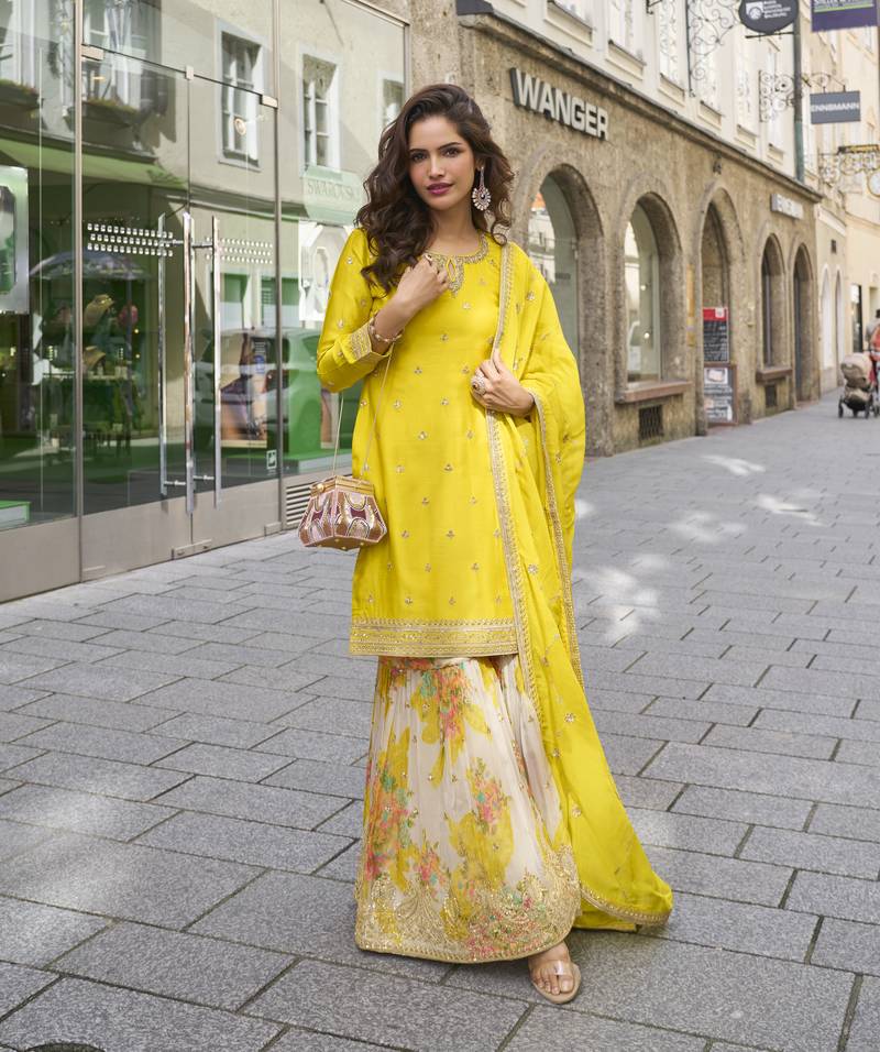 LIME YELLOW CHINON SHARAR SUIT