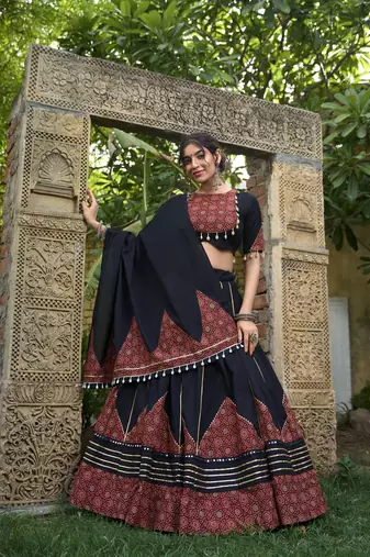 black Cotton Chaniya Choli Printed Panels with Mirror Lace Gota Patti work