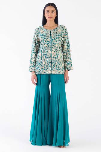 Green embroidered georgette co ord set