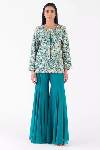 Green embroidered georgette co ord set