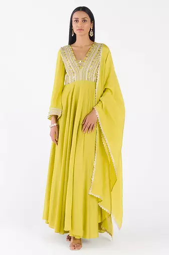 Lime embroidered chanderi anarkali