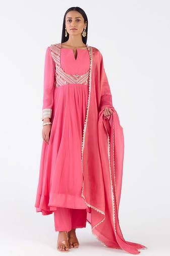 Rani-pink embroidered chanderi anarkali