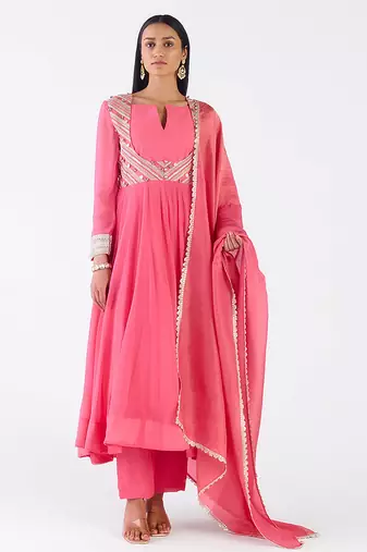 Rani-pink embroidered chanderi anarkali
