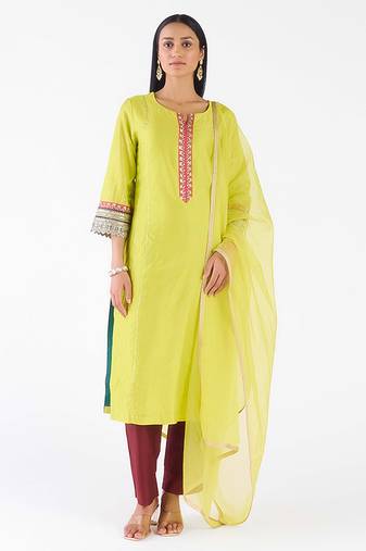 Lime embroidered chanderi kurta set
