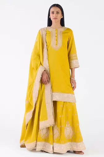 Yellow embroidered chanderi sharara
