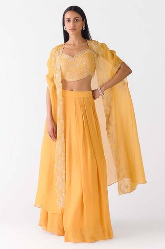 Yellow embroidered chiffon cape set