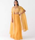 Yellow embroidered chiffon cape set