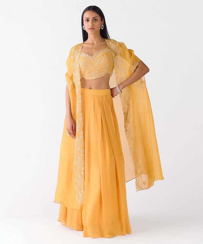 Yellow embroidered chiffon cape set