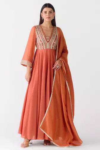 Rust embroidered chanderi anarkali