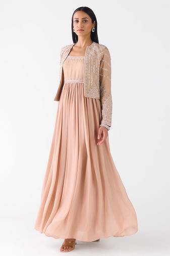 Rose-gold embroidered raw silk anarkali