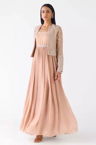 Rose-gold embroidered raw silk anarkali