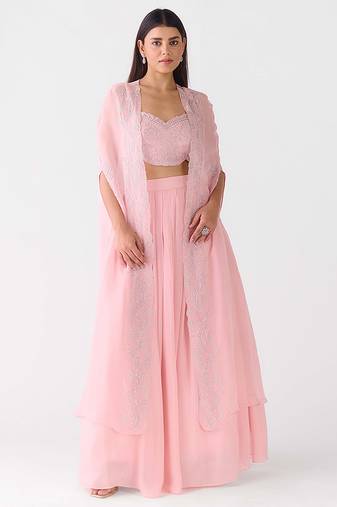 Pink embroidered chiffon cape set