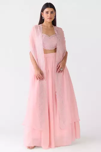 Pink embroidered chiffon cape set