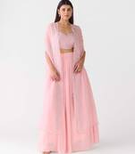 Pink embroidered chiffon cape set