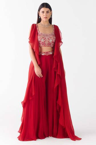 Red embroidered chiffon cape set
