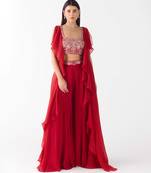 Red embroidered chiffon cape set