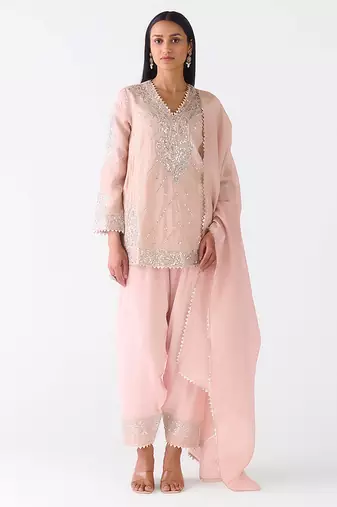 Baby-pink embroidered tissue kurta set