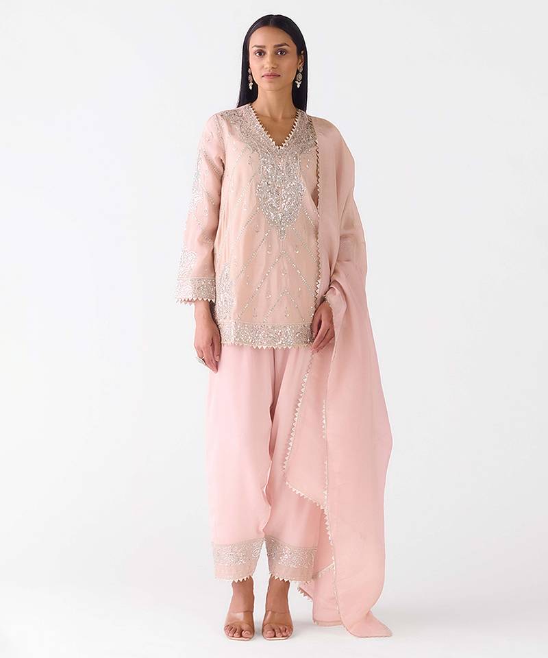 Baby-pink embroidered tissue kurta set