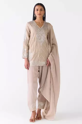 Grey embroidered tissue kurta set