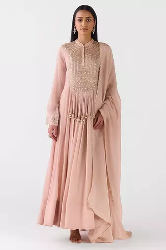 Baby-pink embroidered chiffon anarkali