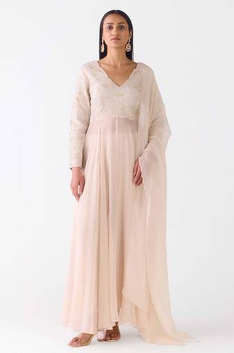 Grey embroidered raw silk anarkali