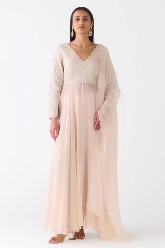 Grey embroidered raw silk anarkali