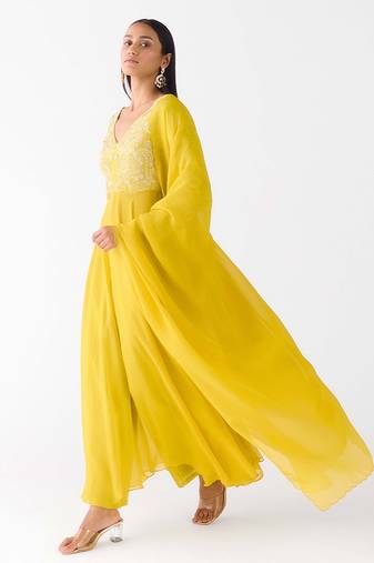 Mustard embroidered raw silk anarkali