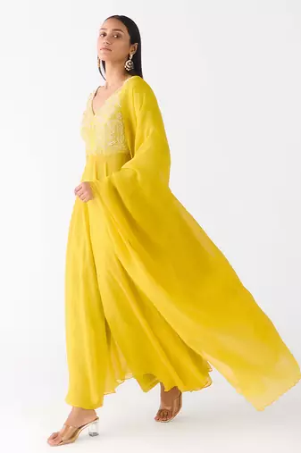Mustard embroidered raw silk anarkali