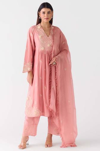 Baby-pink embroidered chiffon kurta set