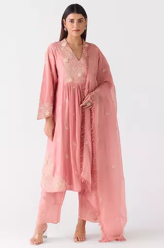 Baby-pink embroidered chiffon kurta set
