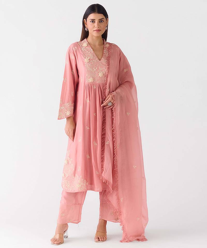 Baby-pink embroidered chiffon kurta set