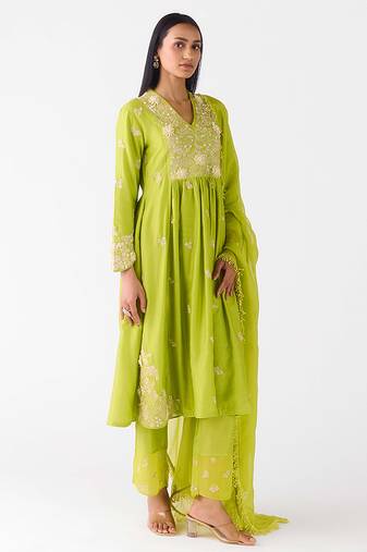 Lime embroidered chiffon kurta set