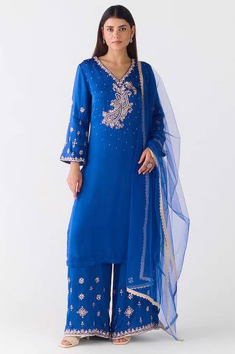 Blue embroidered organza sharara