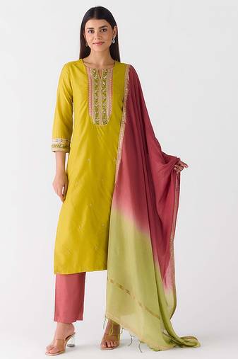 Mustard embroidered chanderi kurta set