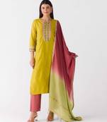 Mustard embroidered chanderi kurta set