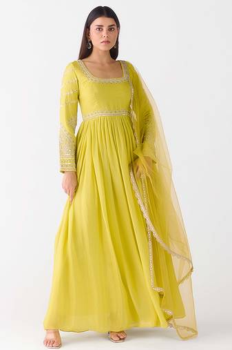 Lime embroidered raw silk anarkali