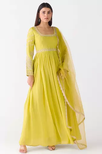 Lime embroidered raw silk anarkali