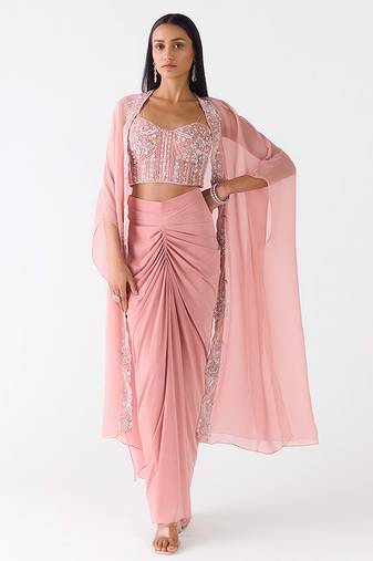 Baby-pink embroidered viscose cape set