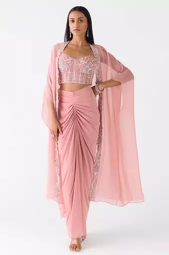 Baby-pink embroidered viscose cape set