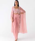 Baby-pink embroidered viscose cape set