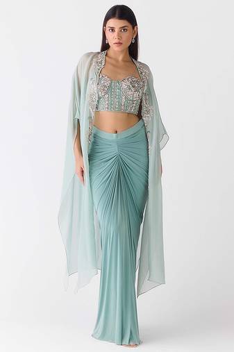 Blue embroidered viscose cape set