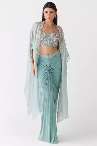 Blue embroidered viscose cape set