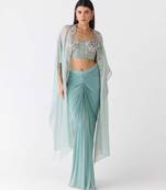 Blue embroidered viscose cape set