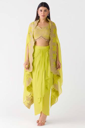Lime embroidered chiffon cape set