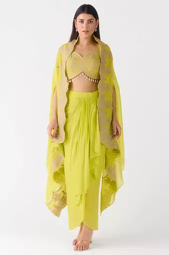 Lime embroidered chiffon cape set