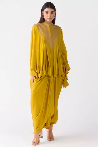 Mustard embroidered chiffon co ord set