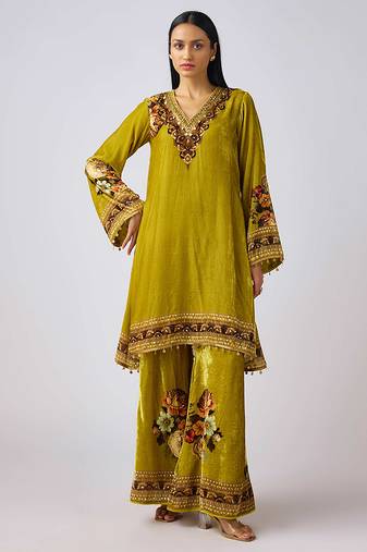 Lime green embroidered velvet kurta set