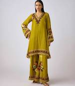 Lime green embroidered velvet kurta set