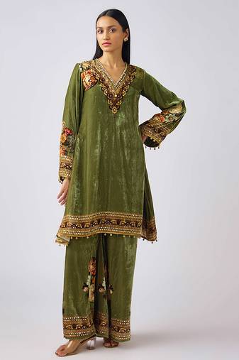 Green embroidered velvet kurta set